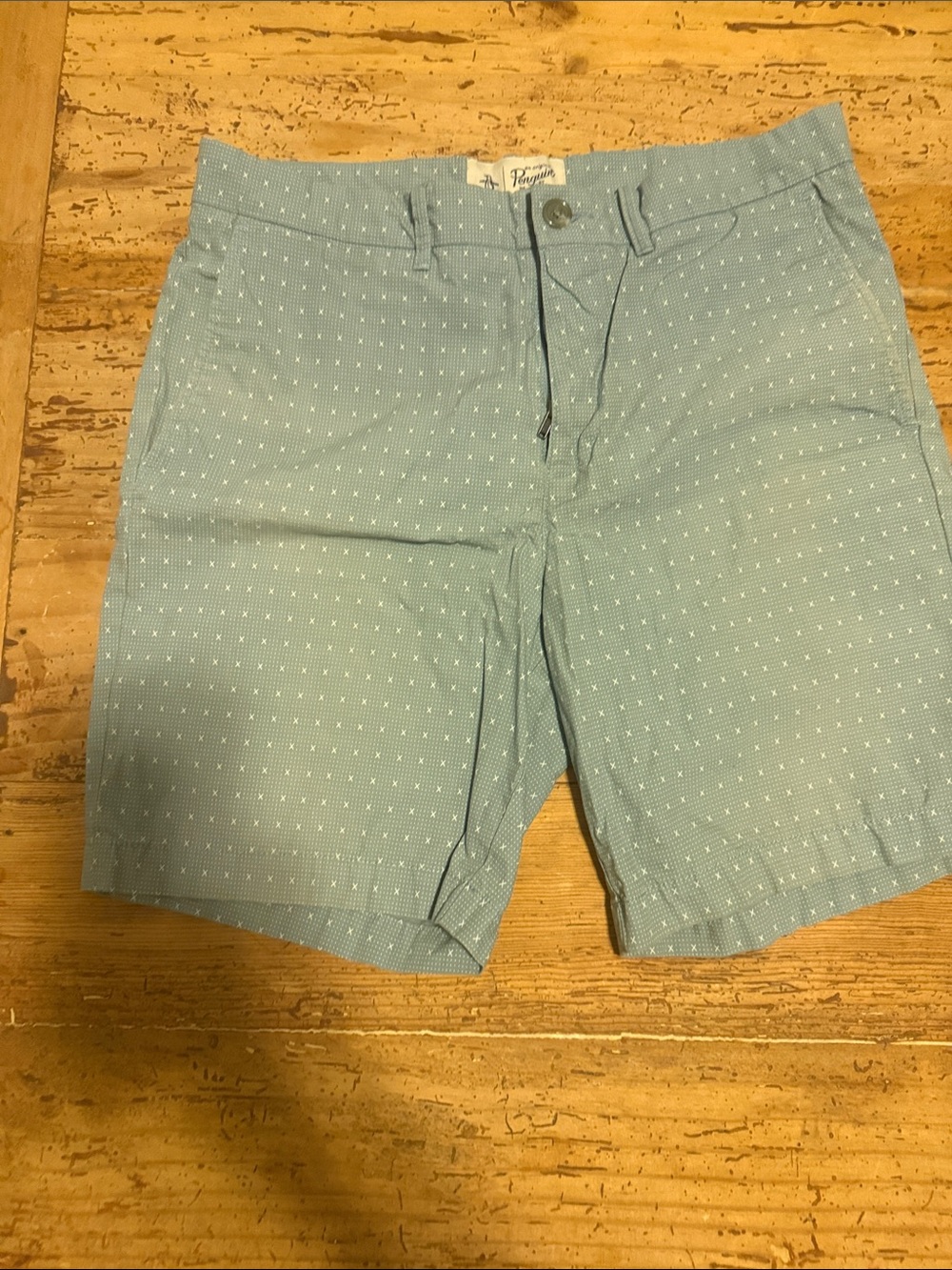 Men's Light Blue Patterned Flat Front Shorts by Penguin 7” inseam